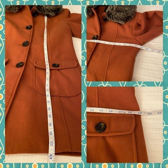 Burnt brown Mod Coat w/ Faux Fur Collar Details Intl Retro Fall Jacket S NWOT - Picture 9 of 11
